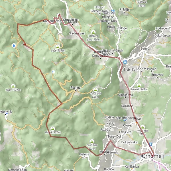 Zemljevid v pomanjšavi "Gravel route from Črnomelj to Svibnik" kolesarske inspiracije v Vzhodna Slovenija, Slovenia. Generirano z načrtovalcem kolesarskih poti Tarmacs.app