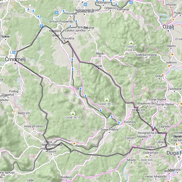 Miniatura della mappa di ispirazione al ciclismo "Avventura in bicicletta da Črnomelj a Vinica" nella regione di Vzhodna Slovenija, Slovenia. Generata da Tarmacs.app, pianificatore di rotte ciclistiche