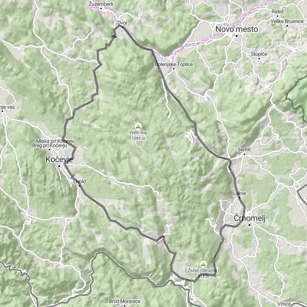 Miniatura della mappa di ispirazione al ciclismo "Tour in bicicletta su strada tra le colline di Črnomelj" nella regione di Vzhodna Slovenija, Slovenia. Generata da Tarmacs.app, pianificatore di rotte ciclistiche