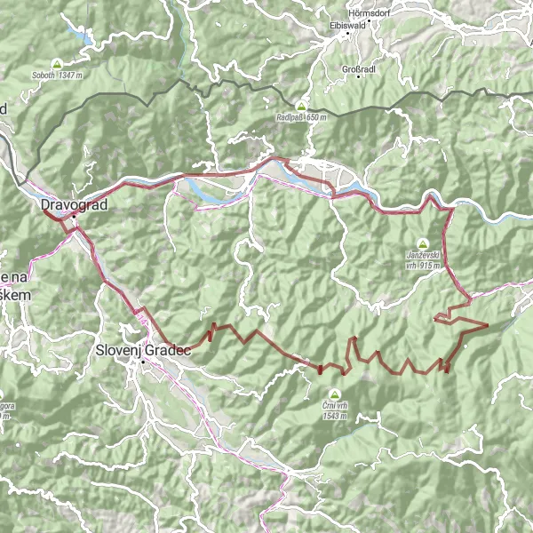Miniaturní mapa "Gravelová trasa Dravograd - Šentjanž" inspirace pro cyklisty v oblasti Vzhodna Slovenija, Slovenia. Vytvořeno pomocí plánovače tras Tarmacs.app