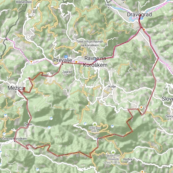 Map miniature of "Gravel Cycling Expedition to Dravograd" cycling inspiration in Vzhodna Slovenija, Slovenia. Generated by Tarmacs.app cycling route planner