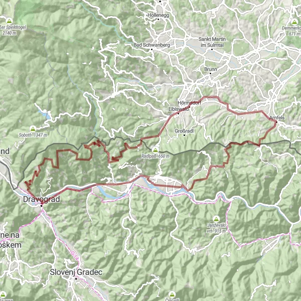 Miniaturní mapa "Gravel Cycling Adventure to Radlje ob Dravi" inspirace pro cyklisty v oblasti Vzhodna Slovenija, Slovenia. Vytvořeno pomocí plánovače tras Tarmacs.app