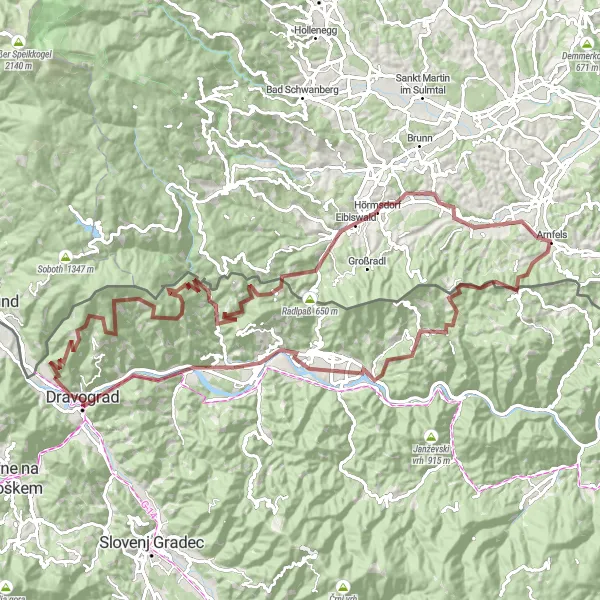 Map miniature of "The Gravel Adventure" cycling inspiration in Vzhodna Slovenija, Slovenia. Generated by Tarmacs.app cycling route planner