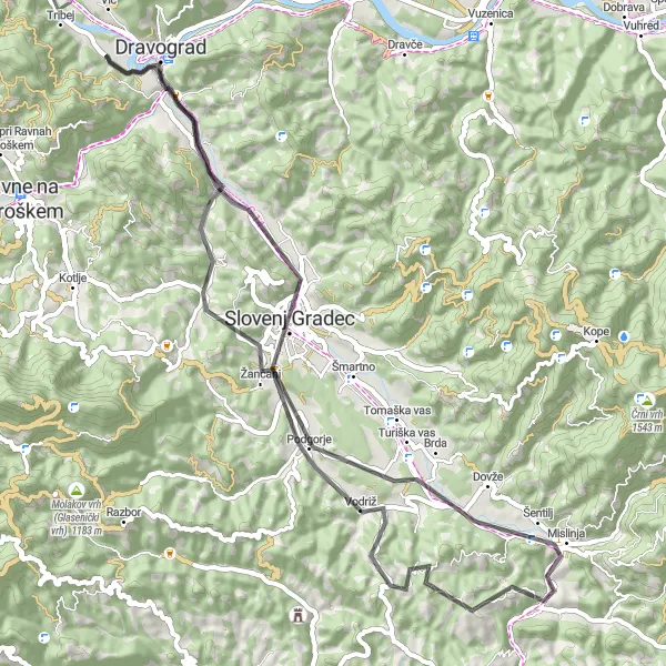 Map miniature of "Dravograd - Dobrova pri Dravogradu Round Trip" cycling inspiration in Vzhodna Slovenija, Slovenia. Generated by Tarmacs.app cycling route planner