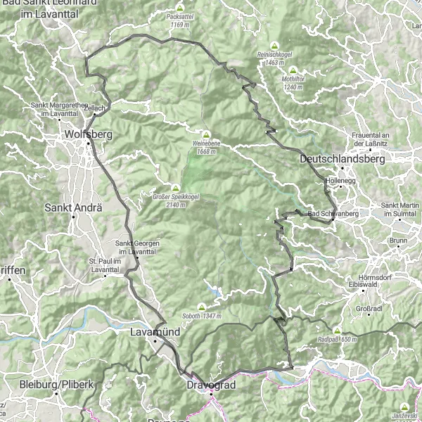 Miniatura della mappa di ispirazione al ciclismo "Giro in bicicletta da Dravograd a Schwarzkogel" nella regione di Vzhodna Slovenija, Slovenia. Generata da Tarmacs.app, pianificatore di rotte ciclistiche