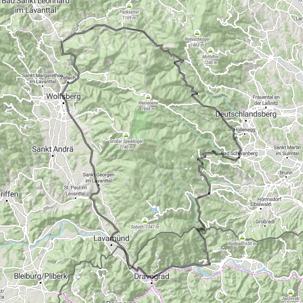 Zemljevid v pomanjšavi "Ultimativna road tura po Vzhodni Sloveniji" kolesarske inspiracije v Vzhodna Slovenija, Slovenia. Generirano z načrtovalcem kolesarskih poti Tarmacs.app