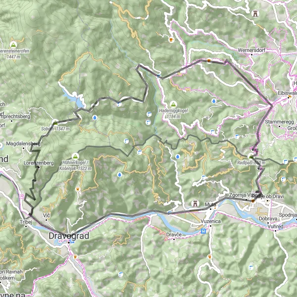 Miniaturní mapa "Okružní cyklistická trasa Dravograd - Skala" inspirace pro cyklisty v oblasti Vzhodna Slovenija, Slovenia. Vytvořeno pomocí plánovače tras Tarmacs.app