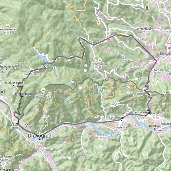 Zemljevid v pomanjšavi "Pohorje Road Explorer" kolesarske inspiracije v Vzhodna Slovenija, Slovenia. Generirano z načrtovalcem kolesarskih poti Tarmacs.app