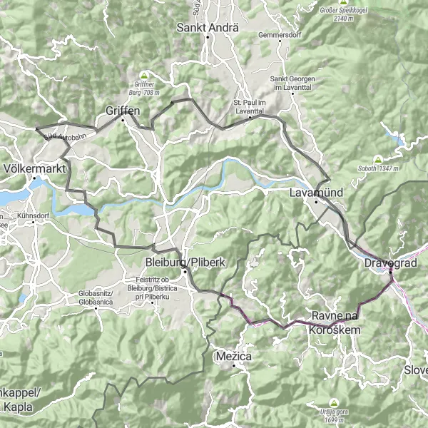 Miniatura della mappa di ispirazione al ciclismo "Giro in bicicletta lungo la strada da Dravograd" nella regione di Vzhodna Slovenija, Slovenia. Generata da Tarmacs.app, pianificatore di rotte ciclistiche