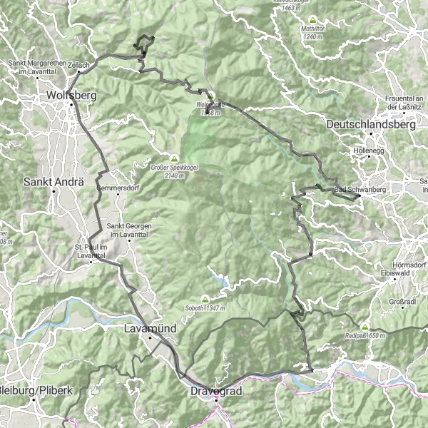 Map miniature of "The Lavamünd Adventure" cycling inspiration in Vzhodna Slovenija, Slovenia. Generated by Tarmacs.app cycling route planner