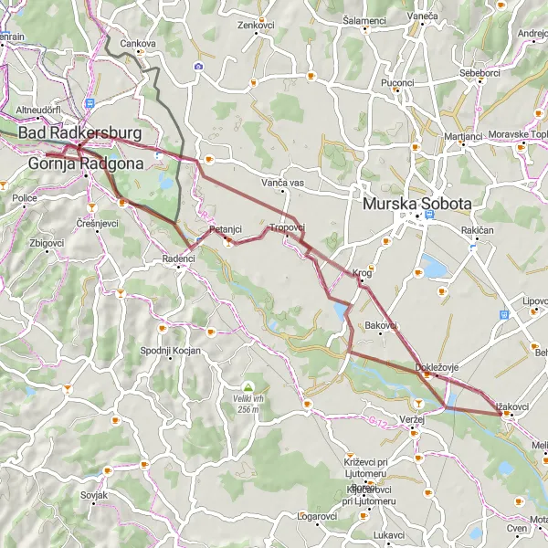 Miniatura della mappa di ispirazione al ciclismo "Tour ciclistico tra Vanča vas e Radenci" nella regione di Vzhodna Slovenija, Slovenia. Generata da Tarmacs.app, pianificatore di rotte ciclistiche