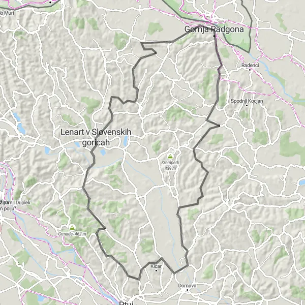 Miniaturní mapa "Okolím Črešnjevci" inspirace pro cyklisty v oblasti Vzhodna Slovenija, Slovenia. Vytvořeno pomocí plánovače tras Tarmacs.app