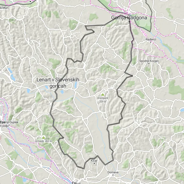 Miniatura della mappa di ispirazione al ciclismo "Percorso Panoramico attraverso le Colline Slovene" nella regione di Vzhodna Slovenija, Slovenia. Generata da Tarmacs.app, pianificatore di rotte ciclistiche