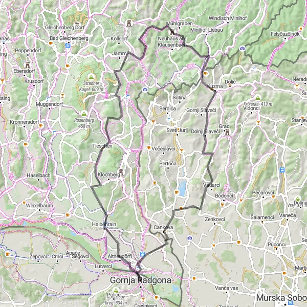 Miniatura della mappa di ispirazione al ciclismo "Tour Panoramico su Strada da Gornja Radgona" nella regione di Vzhodna Slovenija, Slovenia. Generata da Tarmacs.app, pianificatore di rotte ciclistiche