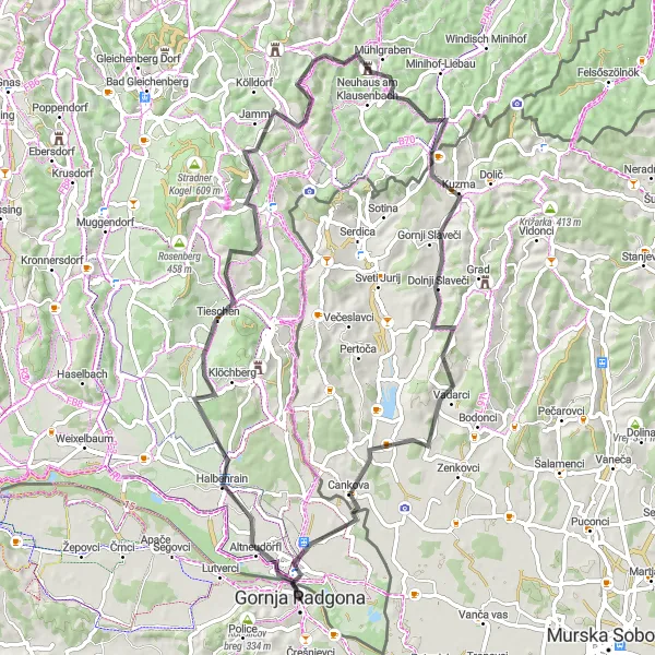 Zemljevid v pomanjšavi "Gornja Radgona - Bad Radkersburg Road Route" kolesarske inspiracije v Vzhodna Slovenija, Slovenia. Generirano z načrtovalcem kolesarskih poti Tarmacs.app