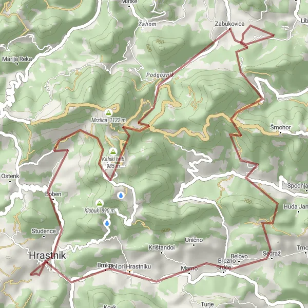 Map miniature of "Hrastnik Gravel Adventure" cycling inspiration in Vzhodna Slovenija, Slovenia. Generated by Tarmacs.app cycling route planner