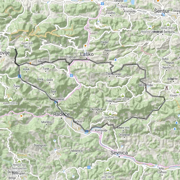 Map miniature of "The Laško Loop" cycling inspiration in Vzhodna Slovenija, Slovenia. Generated by Tarmacs.app cycling route planner