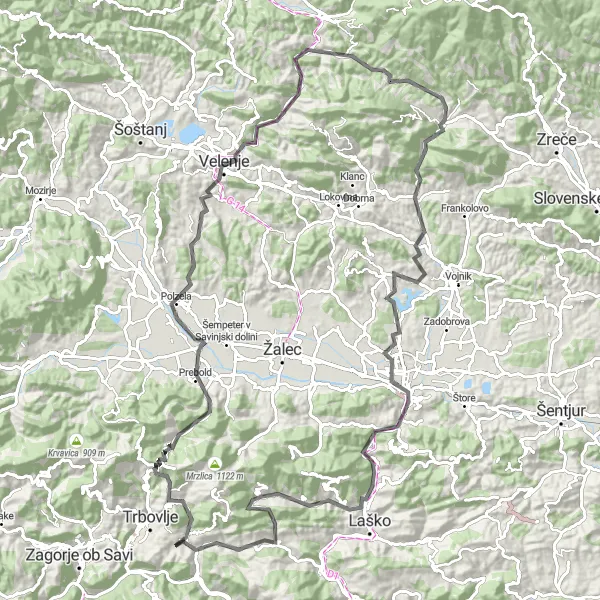 Map miniature of "Eastern Slovenian Road Expedition" cycling inspiration in Vzhodna Slovenija, Slovenia. Generated by Tarmacs.app cycling route planner