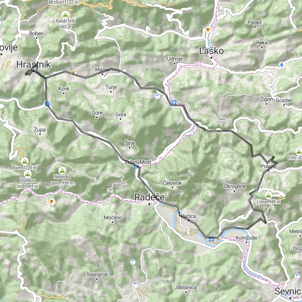 Map miniature of "Tour of Rimske Toplice" cycling inspiration in Vzhodna Slovenija, Slovenia. Generated by Tarmacs.app cycling route planner