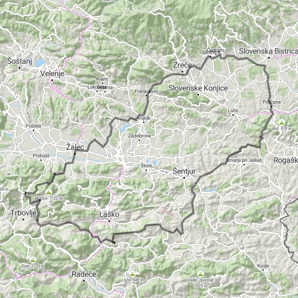 Map miniature of "The Beauty of Eastern Slovenia" cycling inspiration in Vzhodna Slovenija, Slovenia. Generated by Tarmacs.app cycling route planner