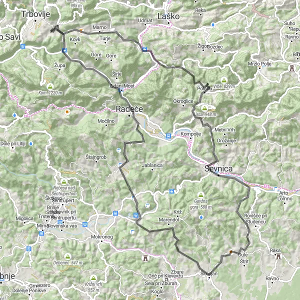 Karten-Miniaturansicht der Radinspiration "Hrastnik - Krmelj - Radeče - Hrastnik" in Vzhodna Slovenija, Slovenia. Erstellt vom Tarmacs.app-Routenplaner für Radtouren
