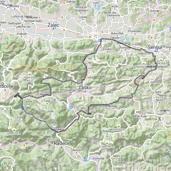 Map miniature of "Scenic Delights of Hrastnik" cycling inspiration in Vzhodna Slovenija, Slovenia. Generated by Tarmacs.app cycling route planner