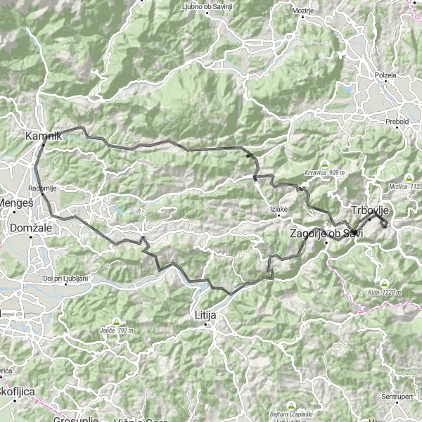 Map miniature of "The Mountains and Valleys of Hrastnik" cycling inspiration in Vzhodna Slovenija, Slovenia. Generated by Tarmacs.app cycling route planner