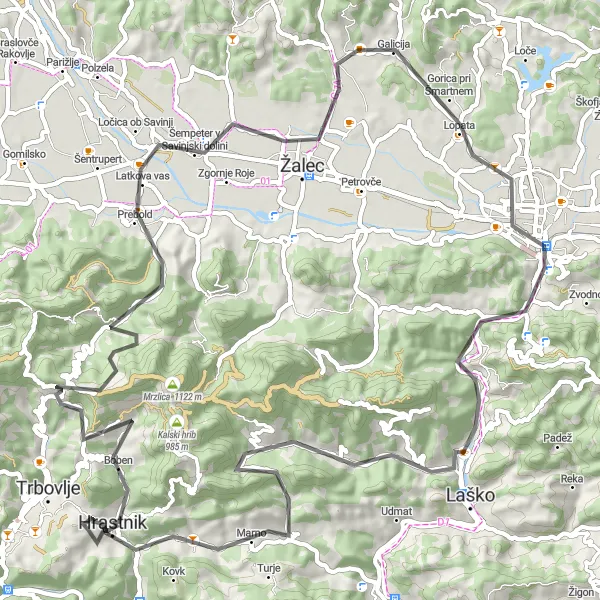 Miniatura della mappa di ispirazione al ciclismo "Avventura ciclistica verso Celje" nella regione di Vzhodna Slovenija, Slovenia. Generata da Tarmacs.app, pianificatore di rotte ciclistiche