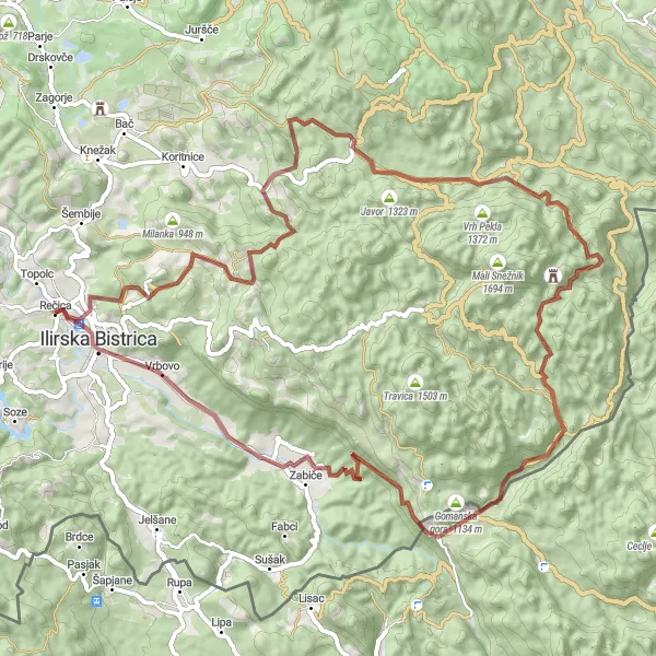 Map miniature of "Mountaintop Adventure" cycling inspiration in Vzhodna Slovenija, Slovenia. Generated by Tarmacs.app cycling route planner