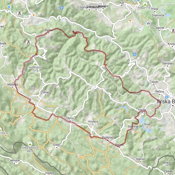 Map miniature of "Gravel Route to Harije and Brda" cycling inspiration in Vzhodna Slovenija, Slovenia. Generated by Tarmacs.app cycling route planner