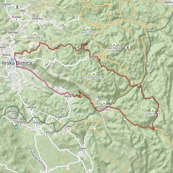 Map miniature of "Gravel Adventure in Trnovo and Jelov vrh" cycling inspiration in Vzhodna Slovenija, Slovenia. Generated by Tarmacs.app cycling route planner