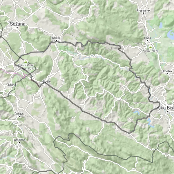 Map miniature of "Road Adventure: Kozji hrbet and Gornja Bitnja" cycling inspiration in Vzhodna Slovenija, Slovenia. Generated by Tarmacs.app cycling route planner