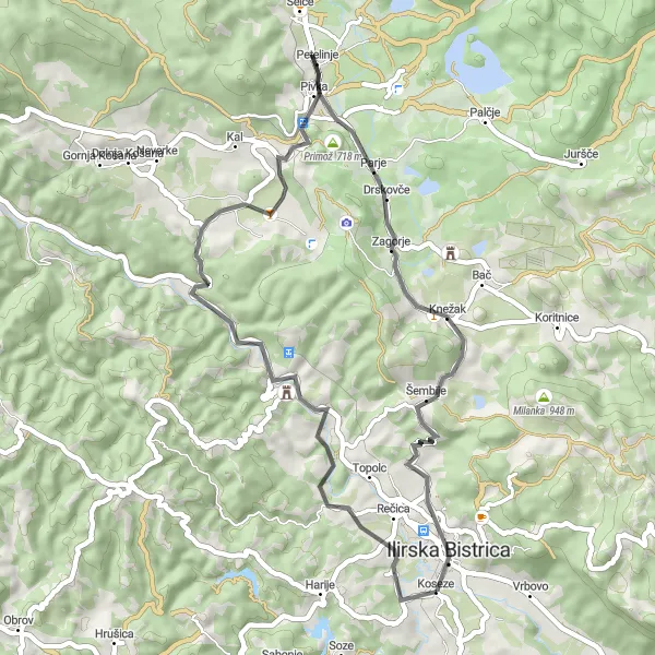 Map miniature of "Rural Road Escape" cycling inspiration in Vzhodna Slovenija, Slovenia. Generated by Tarmacs.app cycling route planner