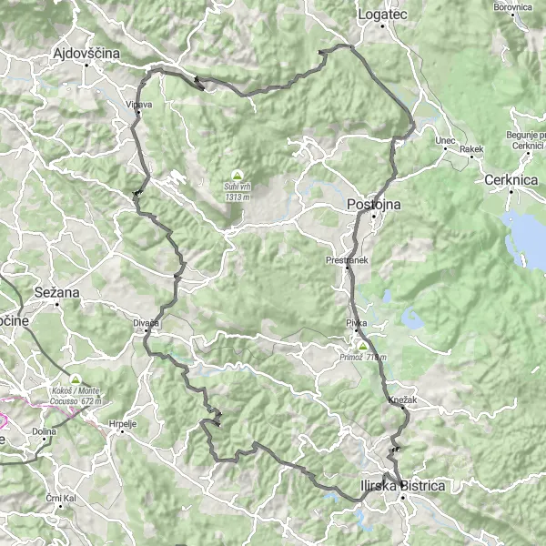 Map miniature of "Ultimate Road Challenge: Matavun and Postojna" cycling inspiration in Vzhodna Slovenija, Slovenia. Generated by Tarmacs.app cycling route planner