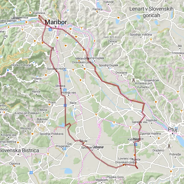 Miniatura della mappa di ispirazione al ciclismo "Esplorazione in gravèl tra Maribor e Kamnica" nella regione di Vzhodna Slovenija, Slovenia. Generata da Tarmacs.app, pianificatore di rotte ciclistiche