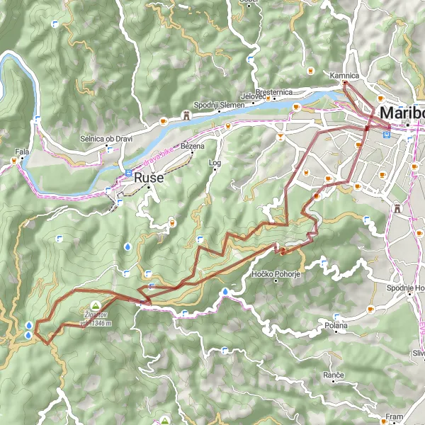 Miniatura della mappa di ispirazione al ciclismo "Giro in Gravel attraverso Maribor e Kamnica" nella regione di Vzhodna Slovenija, Slovenia. Generata da Tarmacs.app, pianificatore di rotte ciclistiche