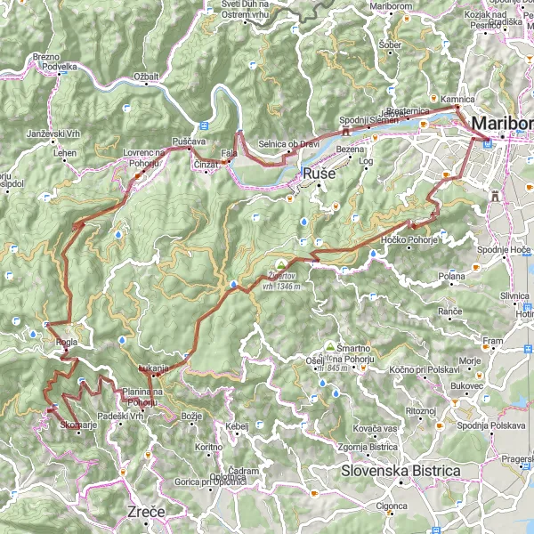 Miniaturní mapa "Gravelové dobrodružství v krajině Mariborských Alp" inspirace pro cyklisty v oblasti Vzhodna Slovenija, Slovenia. Vytvořeno pomocí plánovače tras Tarmacs.app