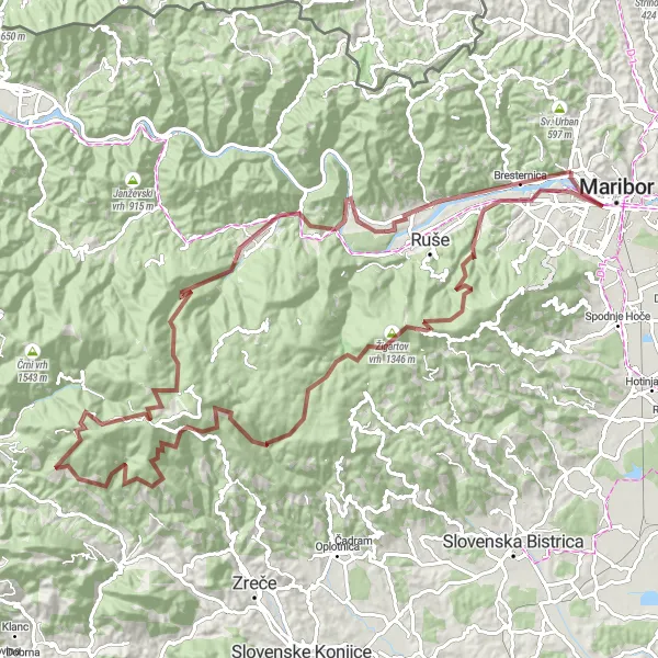 Miniatura della mappa di ispirazione al ciclismo "Avventura tra le montagne di Kamnica" nella regione di Vzhodna Slovenija, Slovenia. Generata da Tarmacs.app, pianificatore di rotte ciclistiche