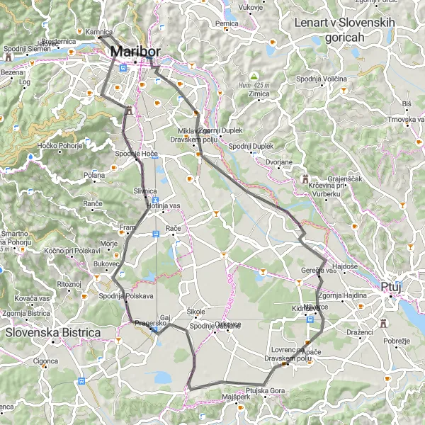 Map miniature of "The Maribor Loop" cycling inspiration in Vzhodna Slovenija, Slovenia. Generated by Tarmacs.app cycling route planner
