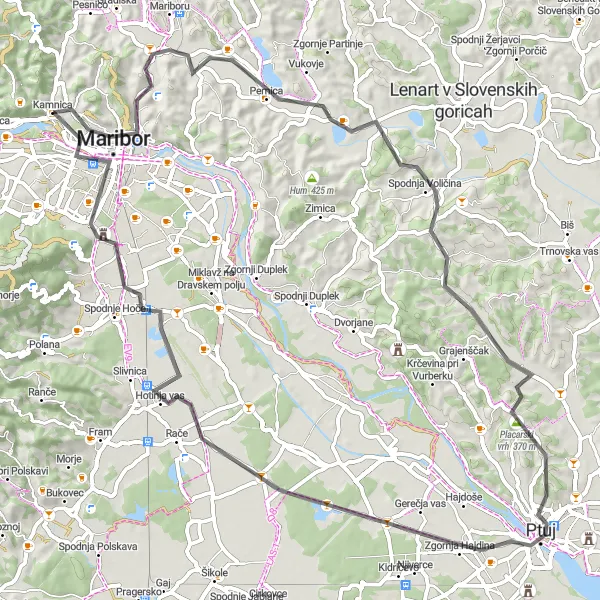 Miniatura della mappa di ispirazione al ciclismo "Giro delle colline slovene" nella regione di Vzhodna Slovenija, Slovenia. Generata da Tarmacs.app, pianificatore di rotte ciclistiche