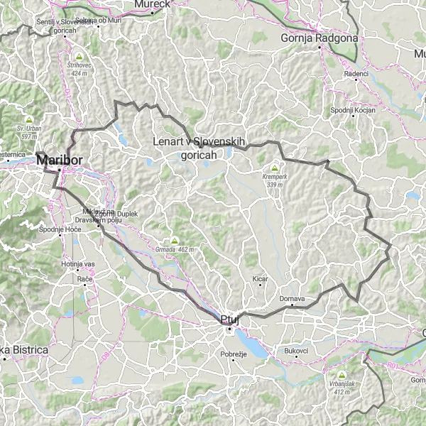 Miniatura della mappa di ispirazione al ciclismo "Giro panoramico delle colline slovene verso Ptuj" nella regione di Vzhodna Slovenija, Slovenia. Generata da Tarmacs.app, pianificatore di rotte ciclistiche