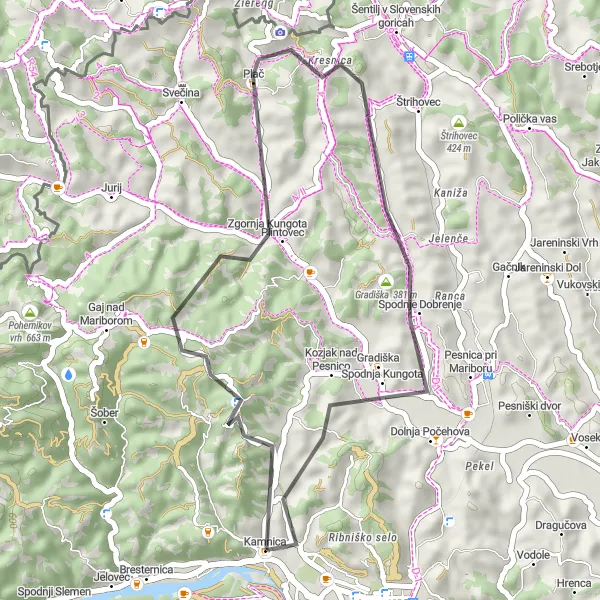 Miniatura della mappa di ispirazione al ciclismo "Esplorazione delle colline circostanti" nella regione di Vzhodna Slovenija, Slovenia. Generata da Tarmacs.app, pianificatore di rotte ciclistiche