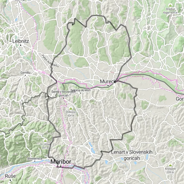 Miniaturní mapa "Okruží staré vinařské vesnice a panoramatické výhledy" inspirace pro cyklisty v oblasti Vzhodna Slovenija, Slovenia. Vytvořeno pomocí plánovače tras Tarmacs.app