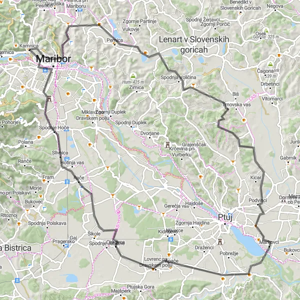 Miniatura della mappa di ispirazione al ciclismo "Giro in bicicletta da Kamnica" nella regione di Vzhodna Slovenija, Slovenia. Generata da Tarmacs.app, pianificatore di rotte ciclistiche