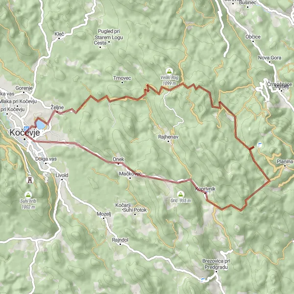 Miniaturní mapa "Gravel dobrodružství v okolí Kočevje" inspirace pro cyklisty v oblasti Vzhodna Slovenija, Slovenia. Vytvořeno pomocí plánovače tras Tarmacs.app