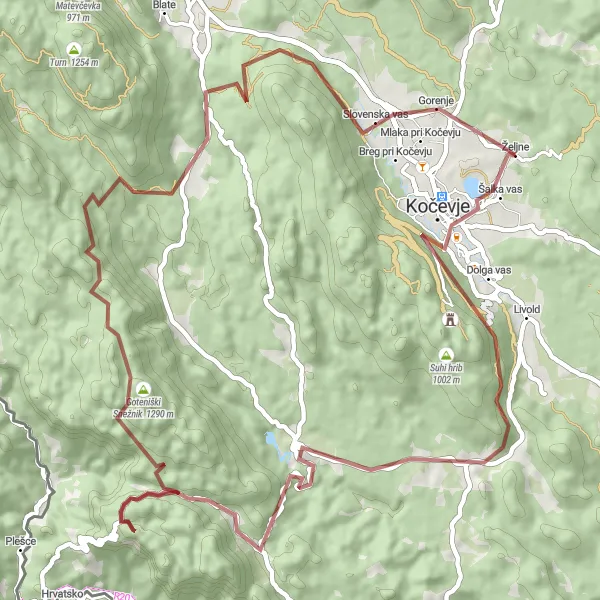 Map miniature of "Kočevje - Nanos - Cerkveni hrib - Kočevska Reka - Goteniški Snežnik - Strmec - Štrih - Klinja vas" cycling inspiration in Vzhodna Slovenija, Slovenia. Generated by Tarmacs.app cycling route planner