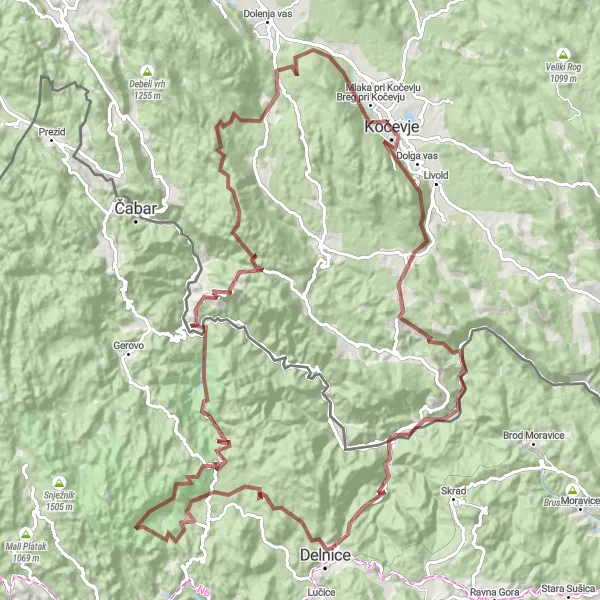Karten-Miniaturansicht der Radinspiration "Gravel-Rundfahrt um Kočevje" in Vzhodna Slovenija, Slovenia. Erstellt vom Tarmacs.app-Routenplaner für Radtouren