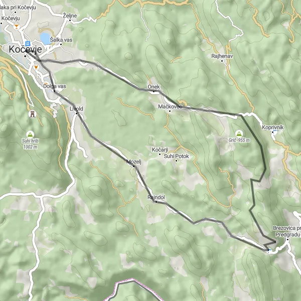 Miniaturní mapa "Kočevje - Dolga vas Route" inspirace pro cyklisty v oblasti Vzhodna Slovenija, Slovenia. Vytvořeno pomocí plánovače tras Tarmacs.app