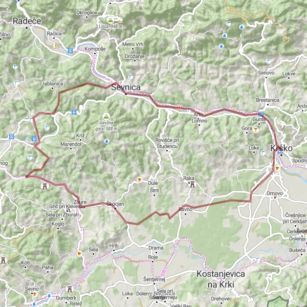 Miniaturní mapa "Gravel Krško - Sevnica" inspirace pro cyklisty v oblasti Vzhodna Slovenija, Slovenia. Vytvořeno pomocí plánovače tras Tarmacs.app