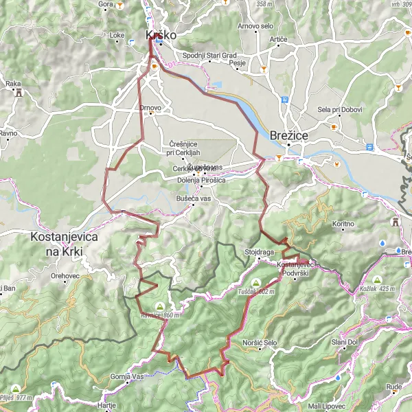 Map miniature of "Krško Gravel Adventure" cycling inspiration in Vzhodna Slovenija, Slovenia. Generated by Tarmacs.app cycling route planner